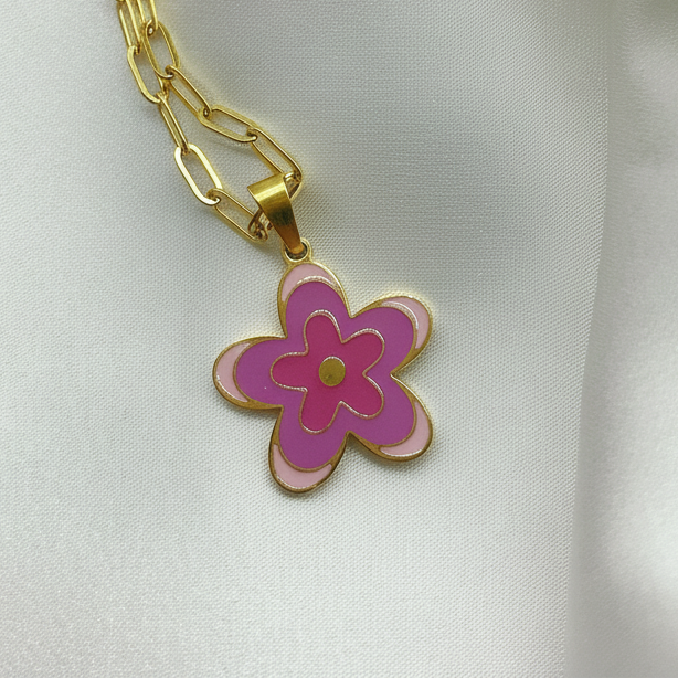 Enamel Flower Pendant Necklace 18K Gold Plated Titanium Steel Paperclip Chain