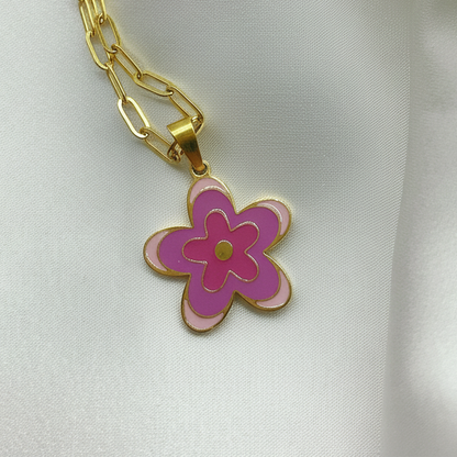 Enamel Flower Pendant Necklace 18K Gold Plated Titanium Steel Paperclip Chain