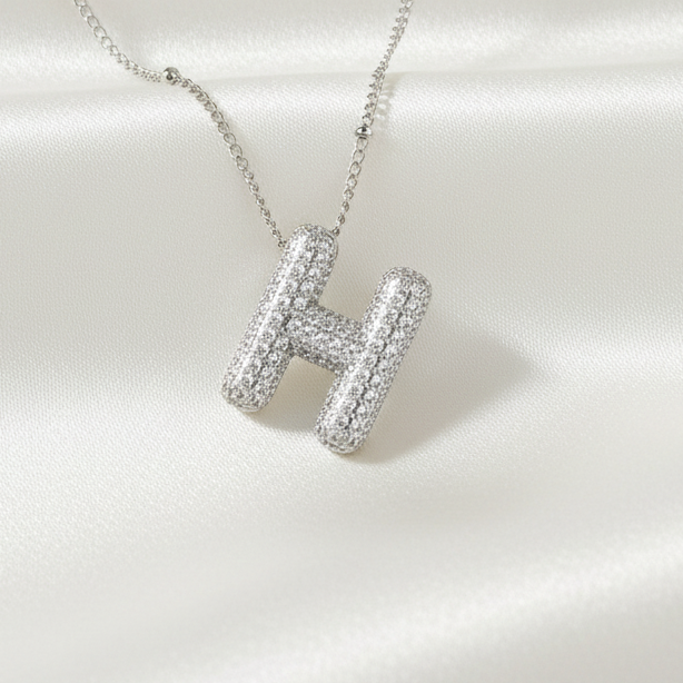 Alphabet Initial Pendant Necklace Silver Tone Micro Pave Zircon Stainless Steel