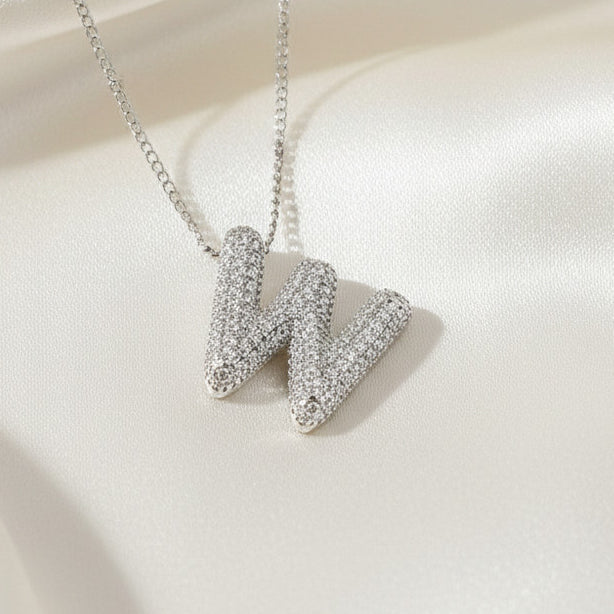 Alphabet Initial Pendant Necklace Silver Tone Micro Pave Zircon Stainless Steel