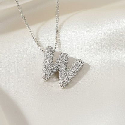 Alphabet Initial Pendant Necklace Silver Tone Micro Pave Zircon Stainless Steel