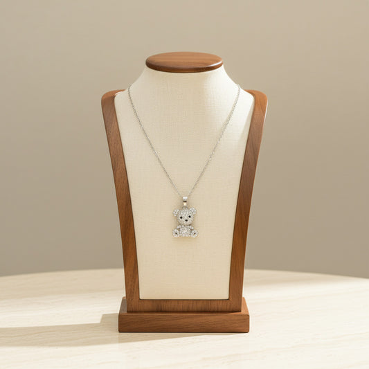 Zircon Teddy Bear Pendant Necklace Silver Tone Stainless Steel