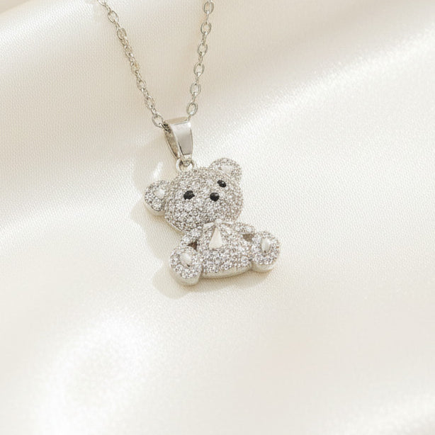 Zircon Teddy Bear Pendant Necklace Silver Tone Stainless Steel