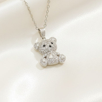 Zircon Teddy Bear Pendant Necklace Silver Tone Stainless Steel