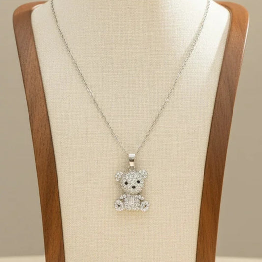 Zircon Teddy Bear Pendant Necklace Silver Tone Stainless Steel