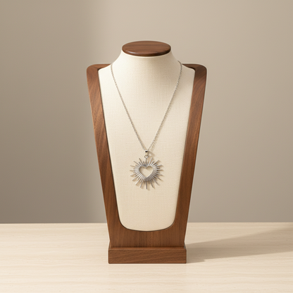 Sunray Hollow Heart Pendant Necklace Silver Tone Stainless Steel Statement