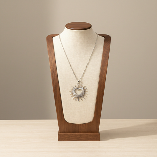 Sunray Hollow Heart Pendant Necklace Silver Tone Stainless Steel Statement