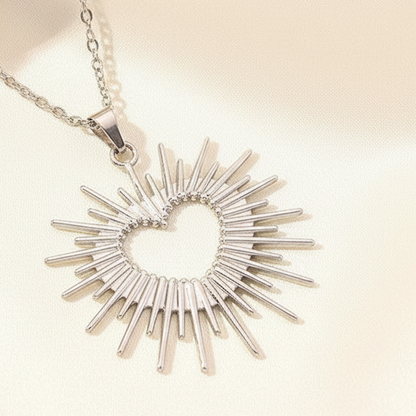 Sunray Hollow Heart Pendant Necklace Silver Tone Stainless Steel Statement