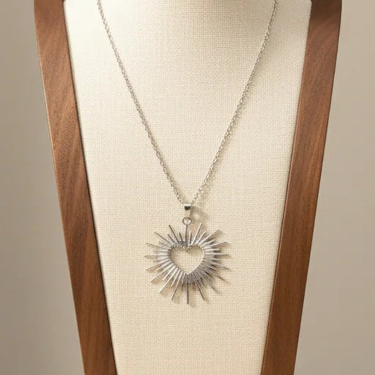 Sunray Hollow Heart Pendant Necklace Silver Tone Stainless Steel Statement