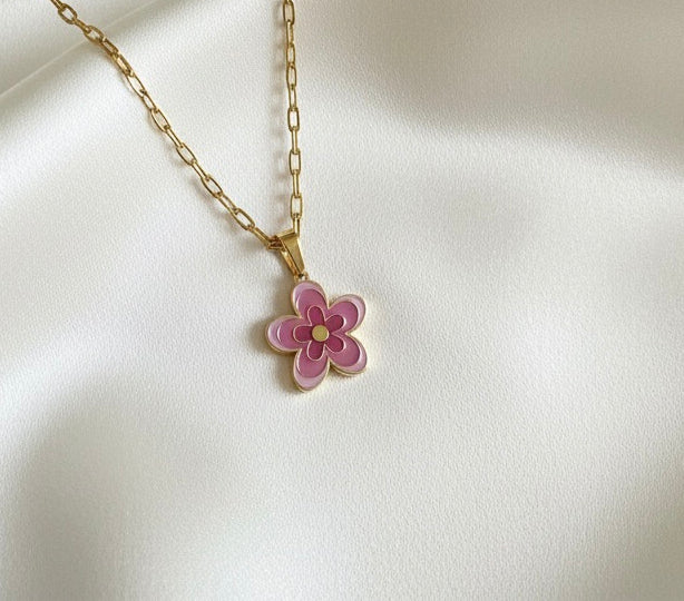 Enamel Flower Pendant Necklace 18K Gold Plated Titanium Steel Paperclip Chain