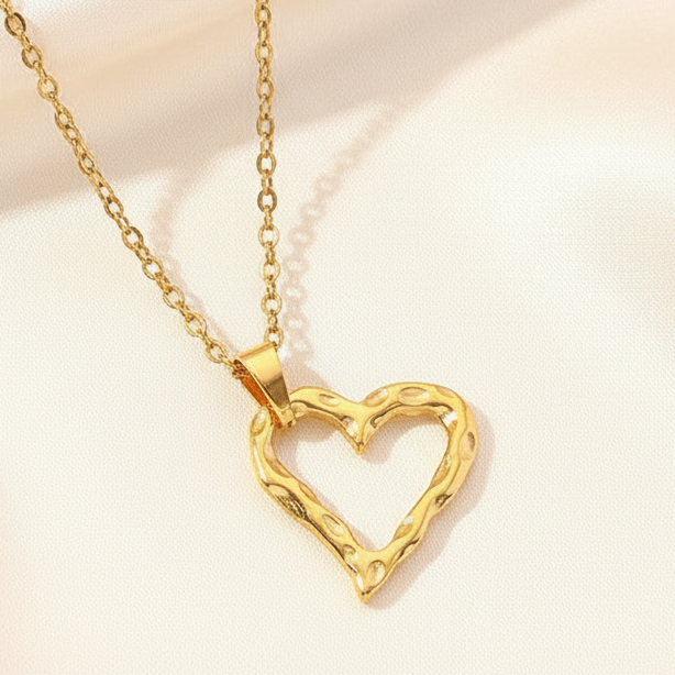 Hammered Hollow Heart Pendant Necklace Gold Tone Stainless Steel Minimalist
