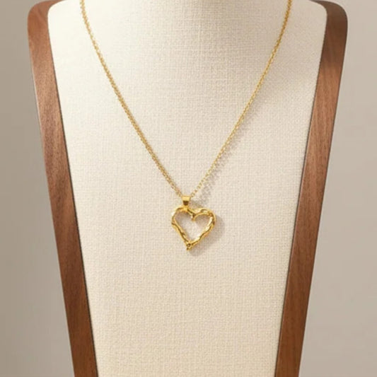 Hammered Hollow Heart Pendant Necklace Gold Tone Stainless Steel Minimalist