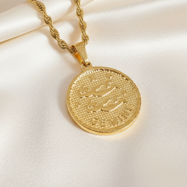 Zodiac Coin Pendant Necklace 18K Gold Plated Stainless Steel Rope Chain Constellation