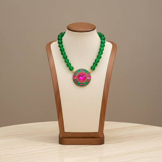 Green Round Ball Crystal Pendant Necklace Alloy Gold Plated