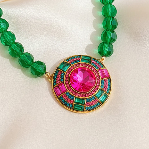Green Round Ball Crystal Pendant Necklace Alloy Gold Plated
