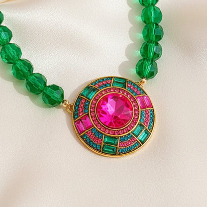 Green Round Ball Crystal Pendant Necklace Alloy Gold Plated