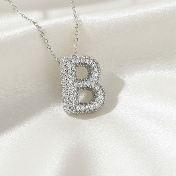 Alphabet Initial Pendant Necklace Silver Tone Micro Pave Zircon Stainless Steel