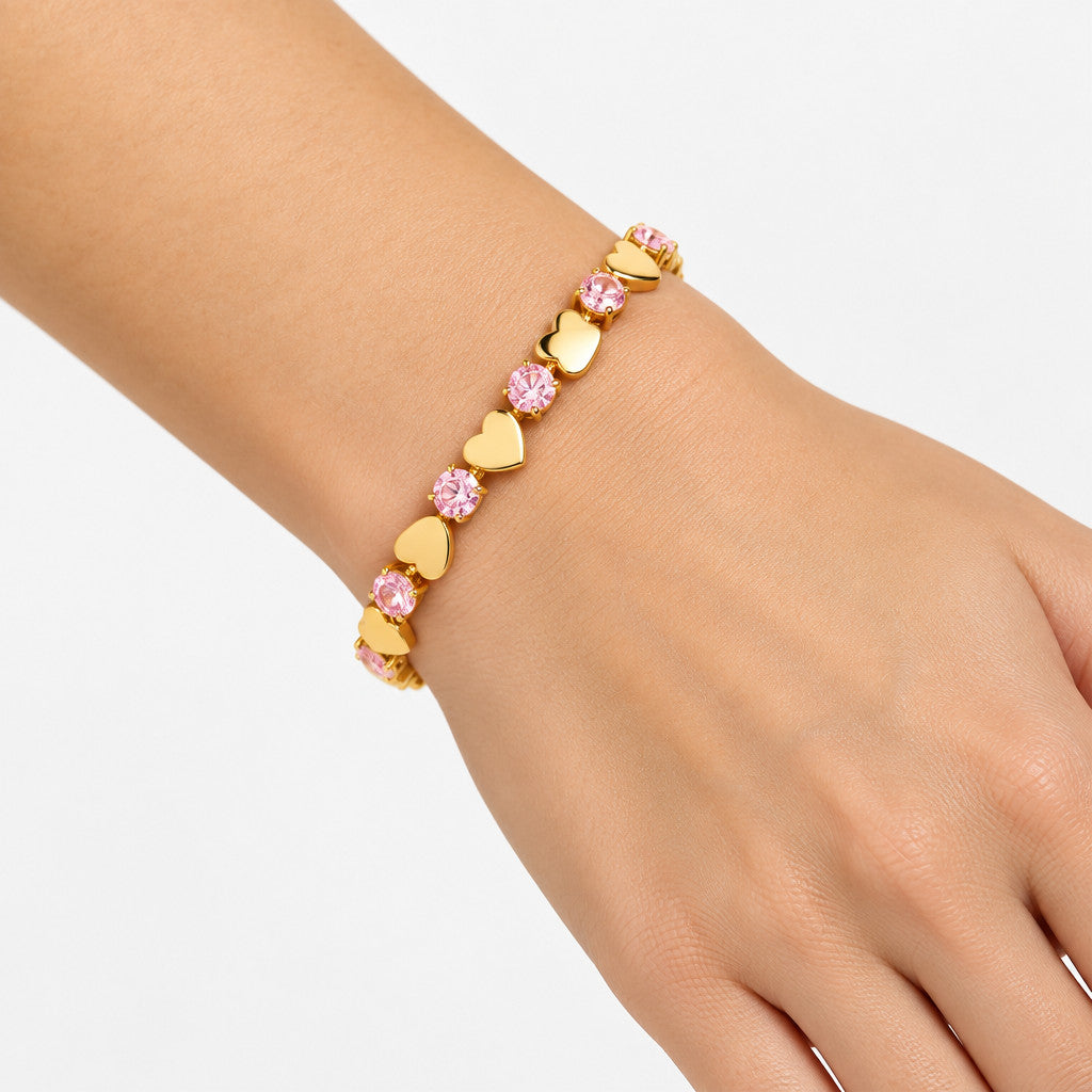 Pink Zirconia Heart Charm Bracelet