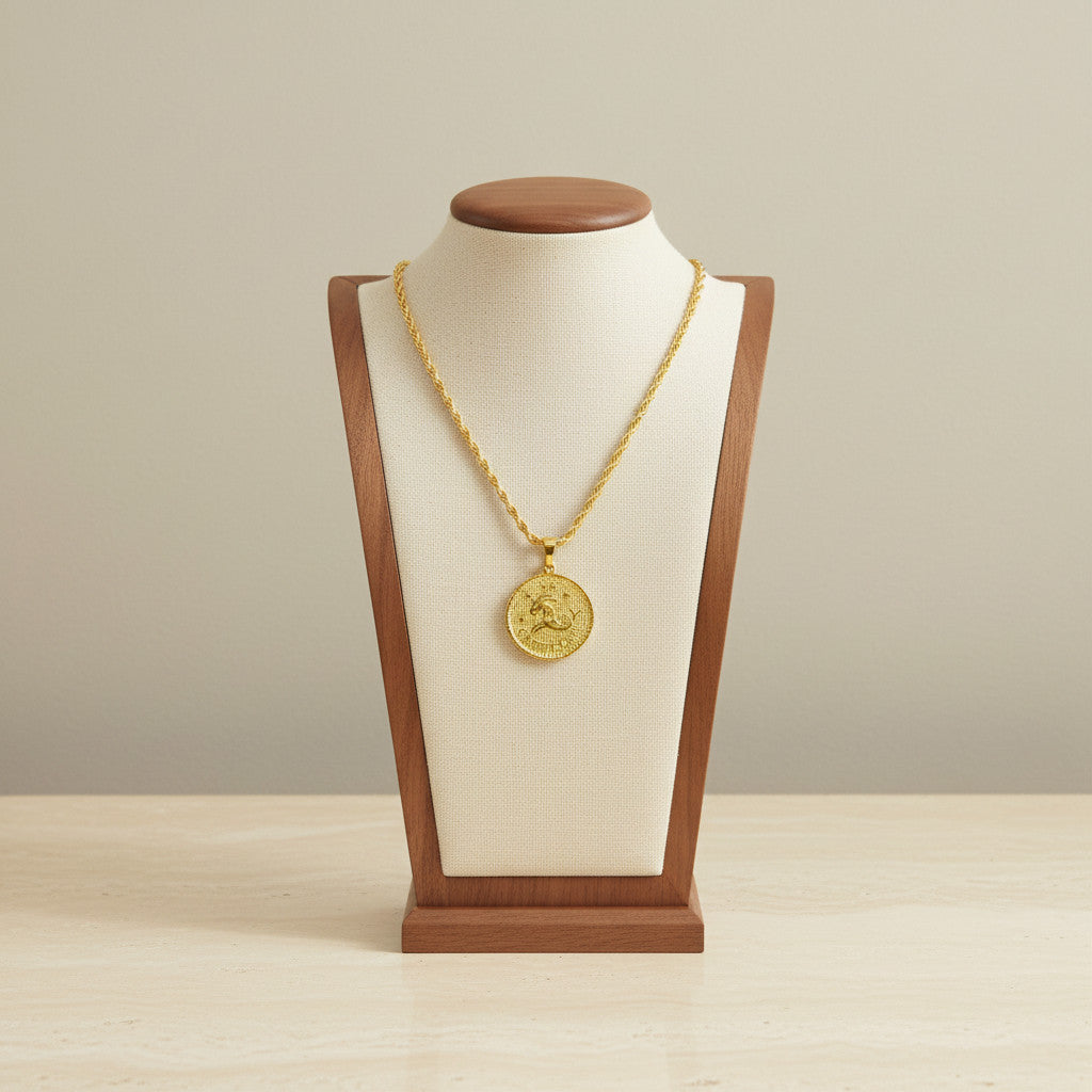Zodiac Coin Pendant Necklace 18K Gold Plated Stainless Steel Rope Chain Constellation