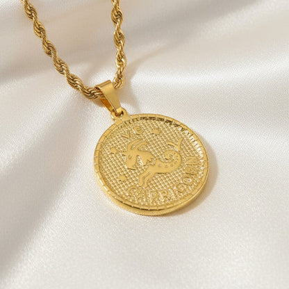 Zodiac Coin Pendant Necklace 18K Gold Plated Stainless Steel Rope Chain Constellation