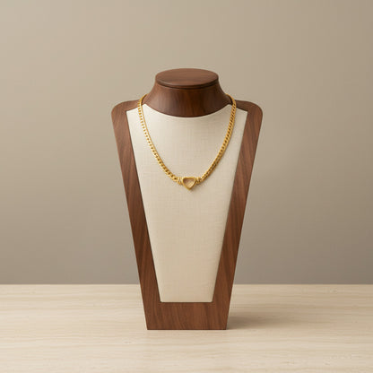 Hollow Heart Pendant Necklace Gold Tone Stainless Steel Cuban Link Chain Minimalist