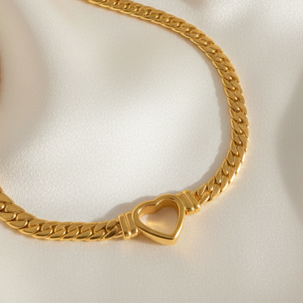 Hollow Heart Pendant Necklace Gold Tone Stainless Steel Cuban Link Chain Minimalist