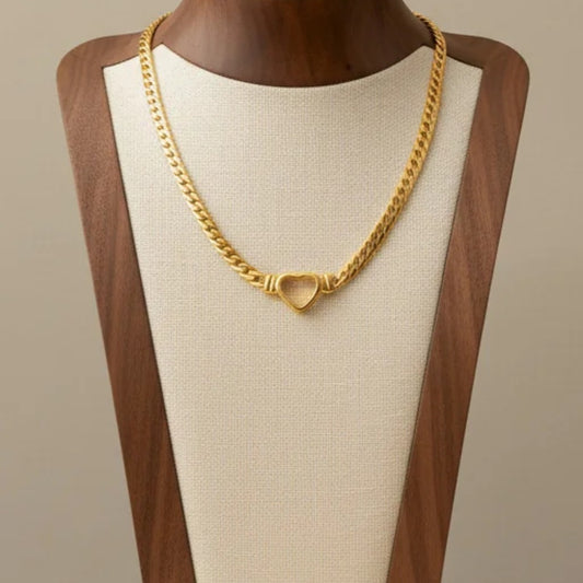 Hollow Heart Pendant Necklace Gold Tone Stainless Steel Cuban Link Chain Minimalist