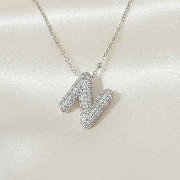Alphabet Initial Pendant Necklace Silver Tone Micro Pave Zircon Stainless Steel