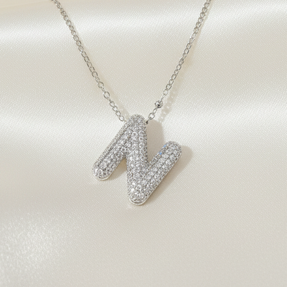Alphabet Initial Pendant Necklace Silver Tone Micro Pave Zircon Stainless Steel