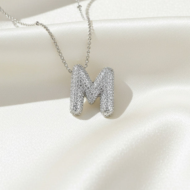 Alphabet Initial Pendant Necklace Silver Tone Micro Pave Zircon Stainless Steel