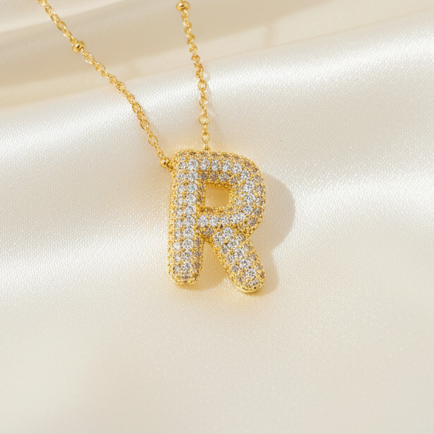 Alphabet Initial Pendant Necklace Micro Pave Zircon Stainless Steel 18K Gold Plated