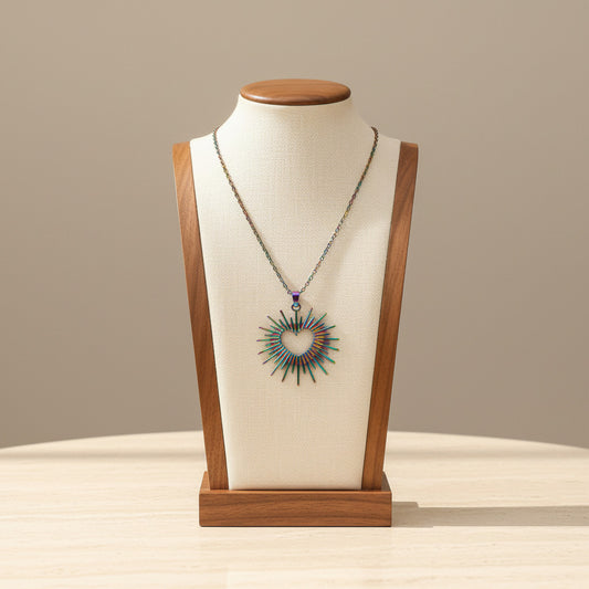 Sunray Hollow Heart Pendant Necklace Rainbow Stainless Steel Statement