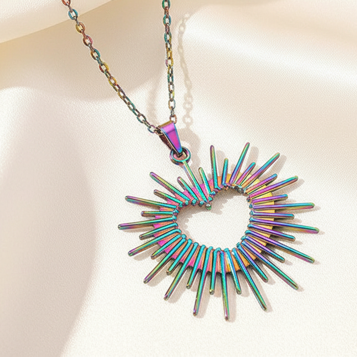 Sunray Hollow Heart Pendant Necklace Rainbow Stainless Steel Statement