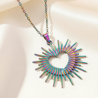 Sunray Hollow Heart Pendant Necklace Rainbow Stainless Steel Statement