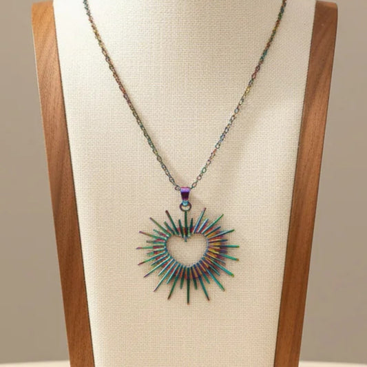 Sunray Hollow Heart Pendant Necklace Rainbow Stainless Steel Statement