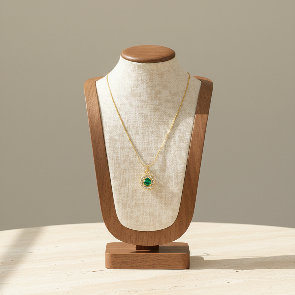 Round Halo Zircon Pendant Necklace 18K Gold Plated Stainless Steel Green