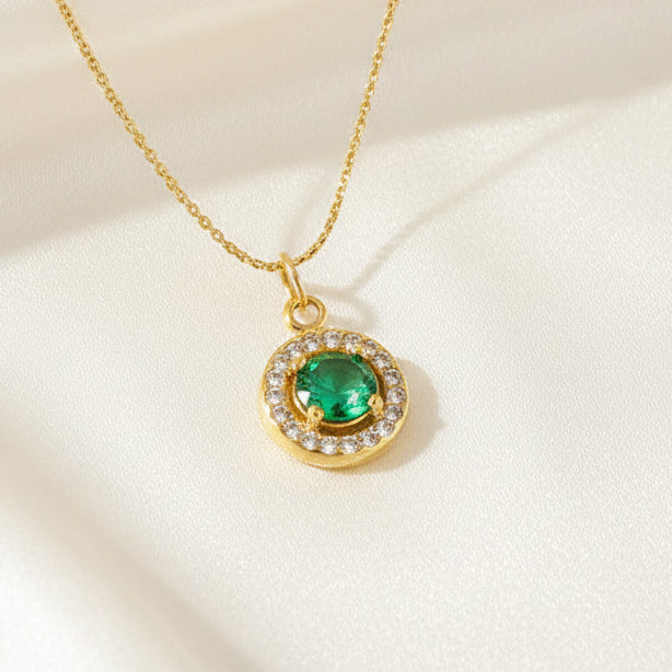 Round Halo Zircon Pendant Necklace 18K Gold Plated Stainless Steel Green