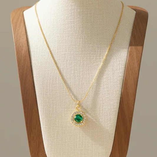 Round Halo Zircon Pendant Necklace 18K Gold Plated Stainless Steel Green