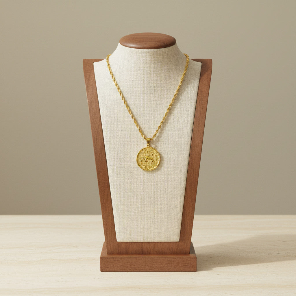Zodiac Coin Pendant Necklace 18K Gold Plated Stainless Steel Rope Chain Constellation