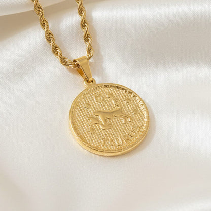 Zodiac Coin Pendant Necklace 18K Gold Plated Stainless Steel Rope Chain Constellation