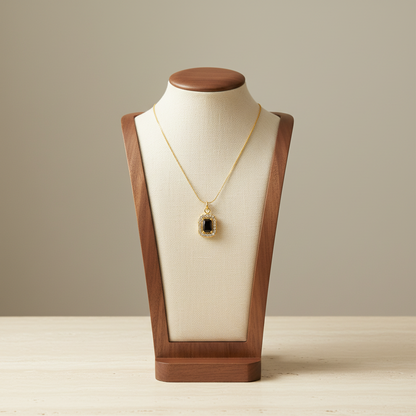 Square Halo Zircon Pendant Necklace 18K Gold Plated Stainless Steel Black