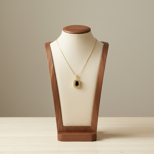 Square Halo Zircon Pendant Necklace 18K Gold Plated Stainless Steel Black