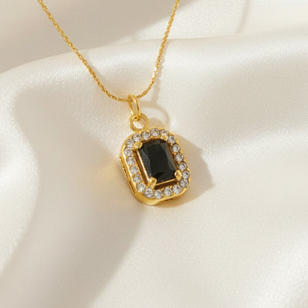 Square Halo Zircon Pendant Necklace 18K Gold Plated Stainless Steel Black