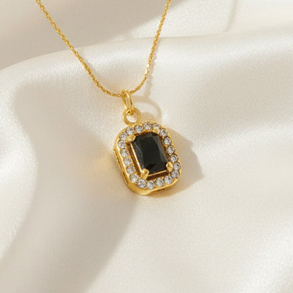 Square Halo Zircon Pendant Necklace 18K Gold Plated Stainless Steel Black