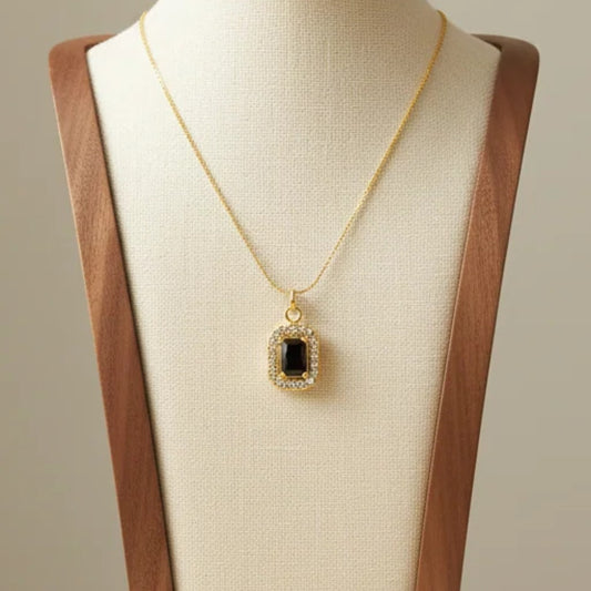 Square Halo Zircon Pendant Necklace 18K Gold Plated Stainless Steel Black
