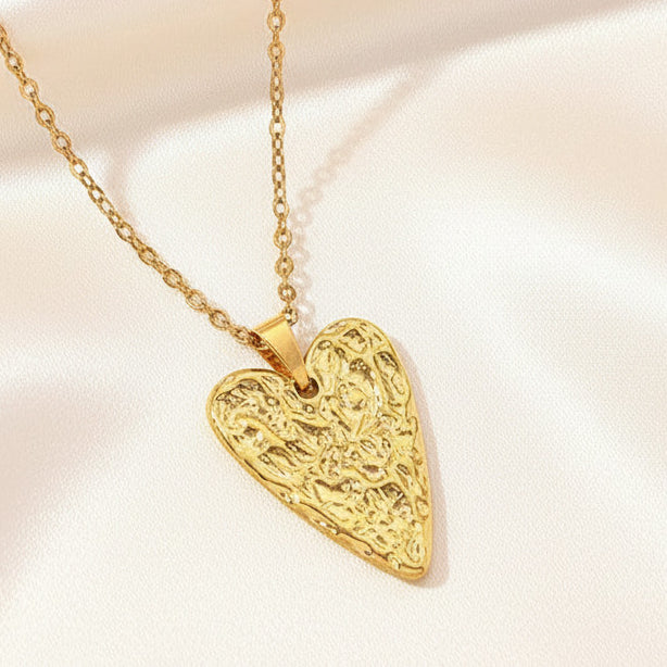Lava Texture Hollow Heart Pendant Necklace Gold Tone Stainless Steel