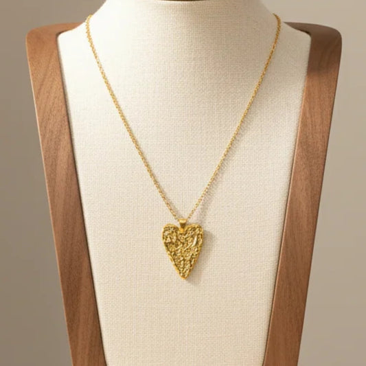 Lava Texture Hollow Heart Pendant Necklace Gold Tone Stainless Steel