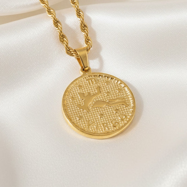 Zodiac Coin Pendant Necklace 18K Gold Plated Stainless Steel Rope Chain Constellation