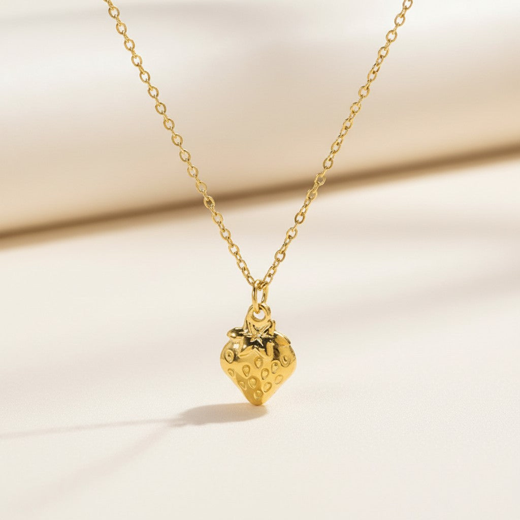 Stainless Steel Strawberry Pendant Necklace 18K Gold Plated Minimalist Clavicle Chain