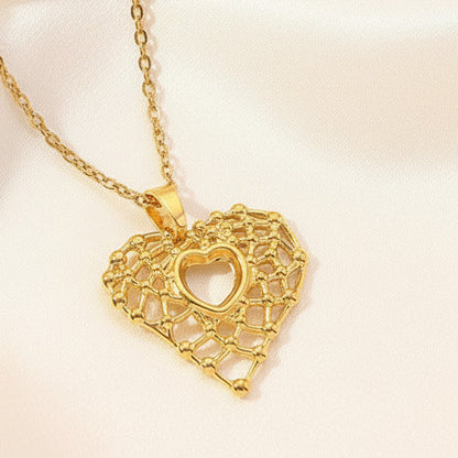 Grid Texture Hollow Heart Pendant Necklace Gold Tone Stainless Steel Minimalist